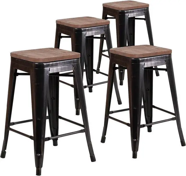 Alt view image 4 of 14 - Flash Furniture Lily Industrial Metal Counter Height Stool without Back Black-Antique Gold 4-Pieces/Pack (4CH3132024BQW)