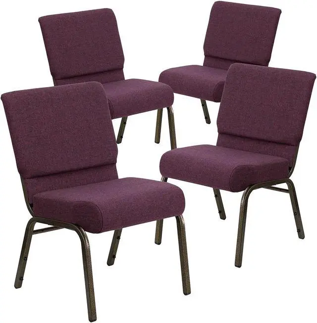 Alt view image 6 of 7 - 4 Pack HERCULES Series 21''W Stacking Church Chair in Plum Fabric - Gold Vein Frame
