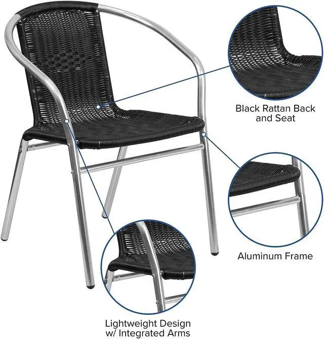 Alt view image 6 of 19 - Flash Furniture Lila Aluminum/Rattan Stacking Chair Black 4/Pack (4TLH020BK)