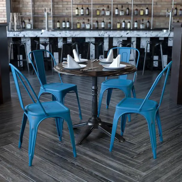 Alt view image 13 of 18 - 4 Pk. Distressed Antique Blue Metal Indoor-Outdoor Stackable Chair