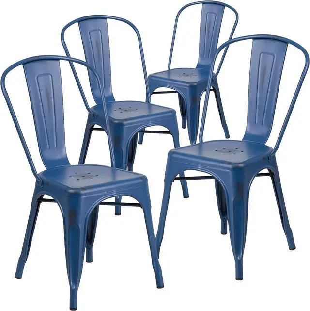 Alt view image 12 of 18 - 4 Pk. Distressed Antique Blue Metal Indoor-Outdoor Stackable Chair