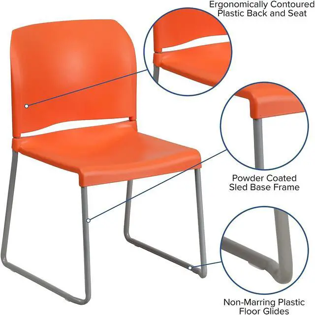 Alt view image 9 of 10 - 5 Pack HERCULES Series 880 lb. Capacity Orange Full Back Contoured Stack Chair with Gray Powder Coated Sled Base