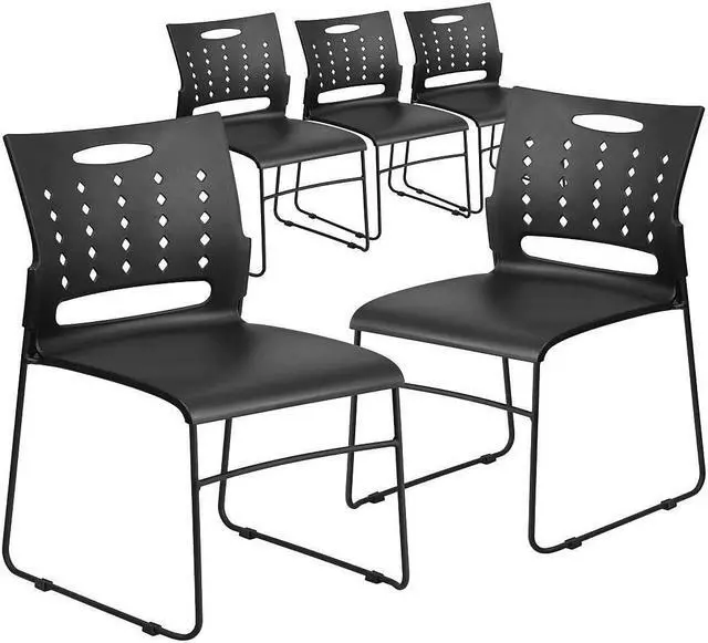 Alt view image 11 of 17 - 5 Pack HERCULES Series 881 lb. Capacity Black Sled Base Stack Chair with Air-Vent Back