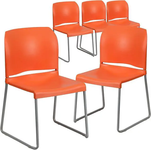 Alt view image 2 of 10 - 5 Pack HERCULES Series 880 lb. Capacity Orange Full Back Contoured Stack Chair with Gray Powder Coated Sled Base