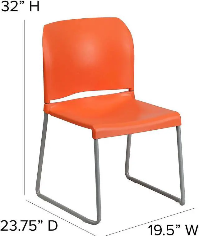 Alt view image 10 of 10 - 5 Pack HERCULES Series 880 lb. Capacity Orange Full Back Contoured Stack Chair with Gray Powder Coated Sled Base