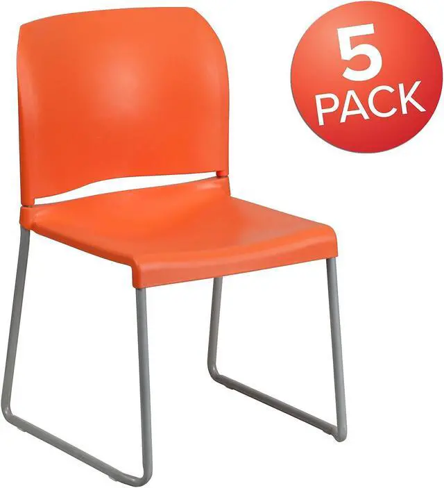 Alt view image 6 of 10 - 5 Pack HERCULES Series 880 lb. Capacity Orange Full Back Contoured Stack Chair with Gray Powder Coated Sled Base