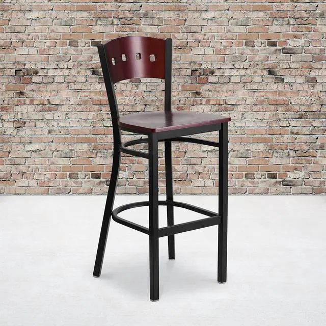Alt view image 3 of 14 - Flash Furniture HERCULES Series Traditional Metal Square Back Restaurant Barstool Black/Mahogany 2-Pieces/Pack (2XUDG515MAHB)