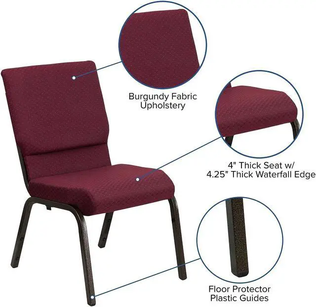 Alt view image 16 of 17 - 4 Pack HERCULES Series 18.5''W Stacking Church Chair in Burgundy Patterned Fabric - Gold Vein Frame