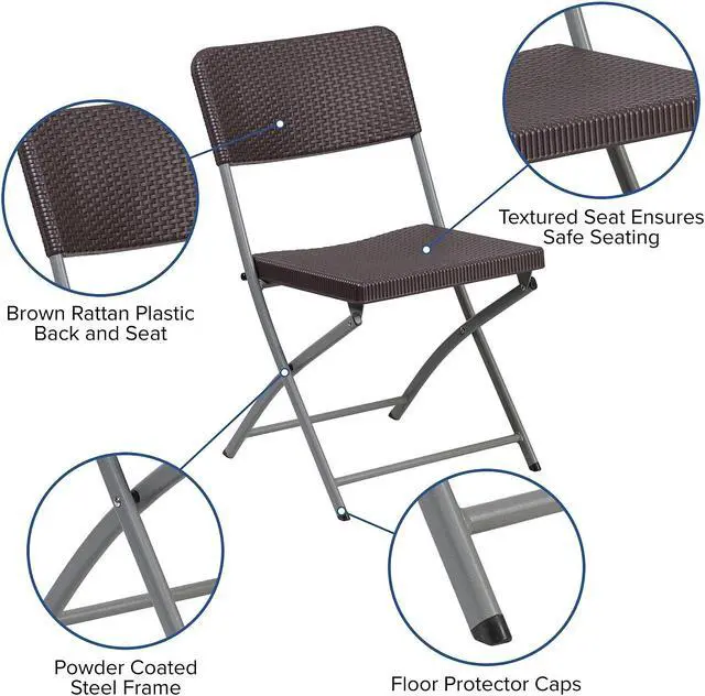 Alt view image 5 of 20 - Flash Furniture Rattan Plastic Folding Chair Brown Set of 2 (2DADYCZ61)