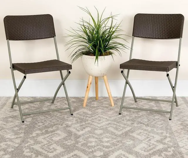 Alt view image 2 of 20 - Flash Furniture Rattan Plastic Folding Chair Brown Set of 2 (2DADYCZ61)