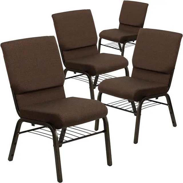 Alt view image 4 of 5 - 4 Pack HERCULES Series 18.5''W Church Chair in Brown Fabric with Book Rack - Gold Vein Frame