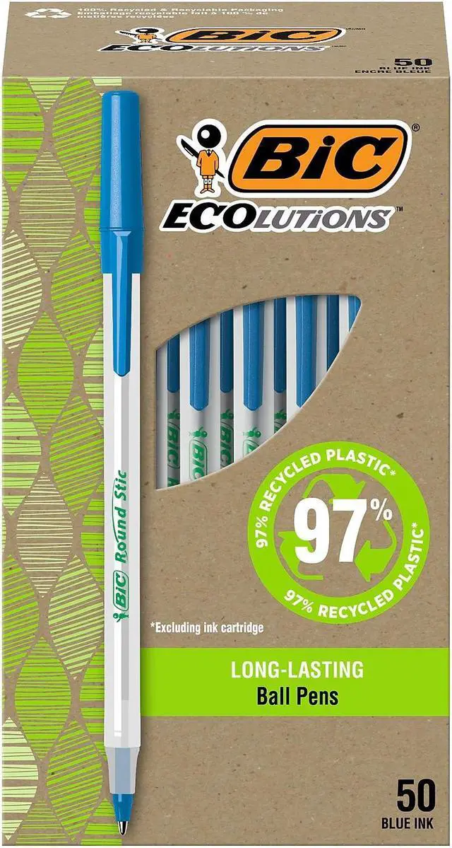 Alt view image 2 of 20 - BIC Ecolutions Round Stic Ballpoint Pen Blue Ink 1mm Medium 50/Pack GSME509BE