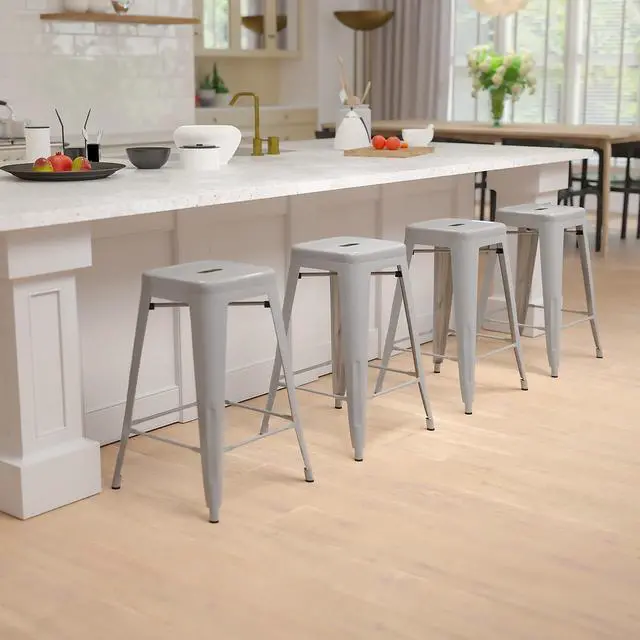 Alt view image 19 of 20 - 24" High Metal Counter-Height, Indoor Bar Stool in Silver - Stackable Set of 4
