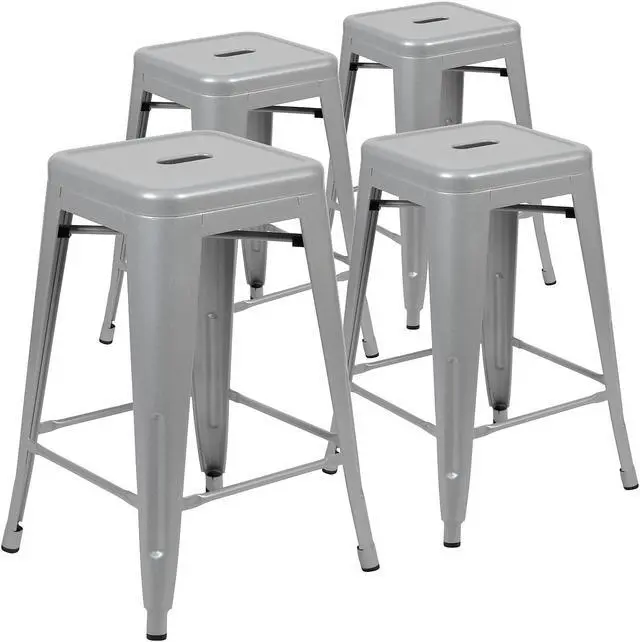 Alt view image 18 of 20 - 24" High Metal Counter-Height, Indoor Bar Stool in Silver - Stackable Set of 4