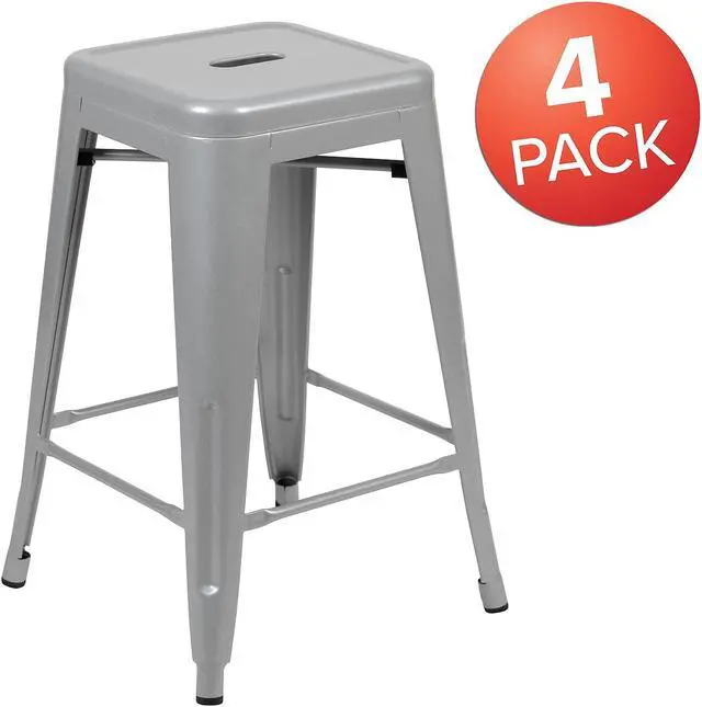Alt view image 20 of 20 - 24" High Metal Counter-Height, Indoor Bar Stool in Silver - Stackable Set of 4