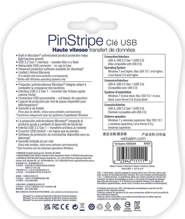 Alt view image 2 of 14 - Verbatim PinStripe 16GB USB 3.2 Type A Flash Drive Assorted Colors 5/Pack (70387)