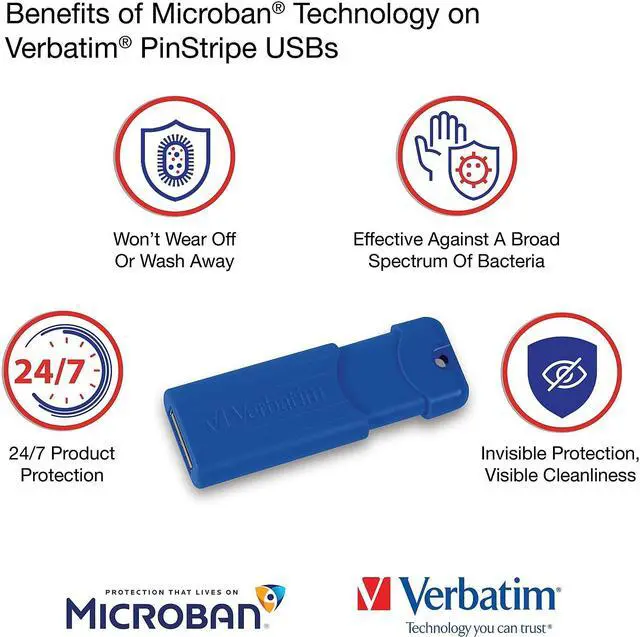 Alt view image 3 of 14 - Verbatim PinStripe 16GB USB 3.2 Type A Flash Drive Assorted Colors 5/Pack (70387)