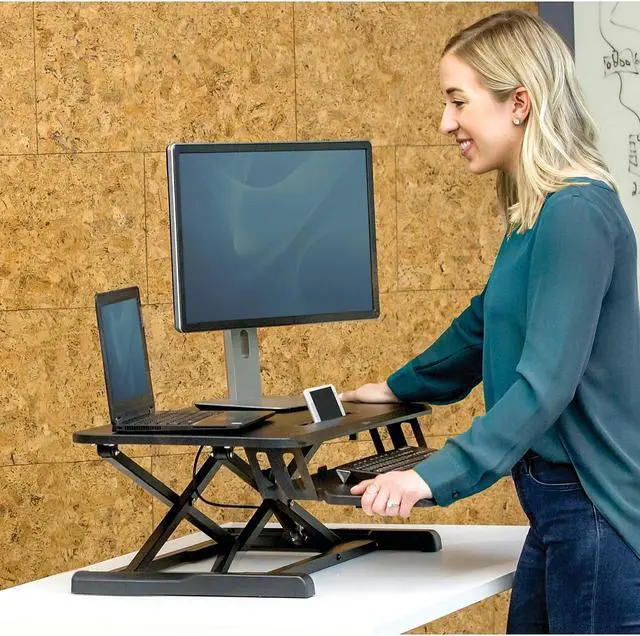 Alt view image 16 of 17 - fellowes corsivo height adjustable standing desk, sit to stand, gas spring riser converter, tabletop workstation, desk riser 8091001