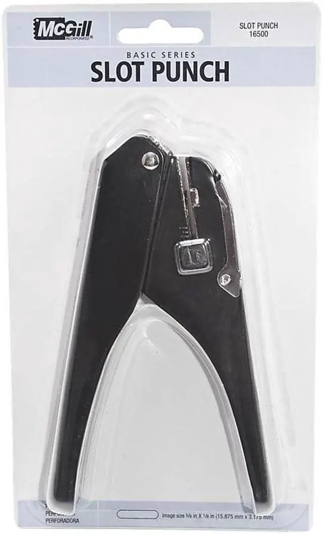 Alt view image 4 of 4 - McGill Handheld Badge Punch 9/16 x 1/8 Horizontal Slot 1/8"-5/8" Reach Black/Chrome MCG16500