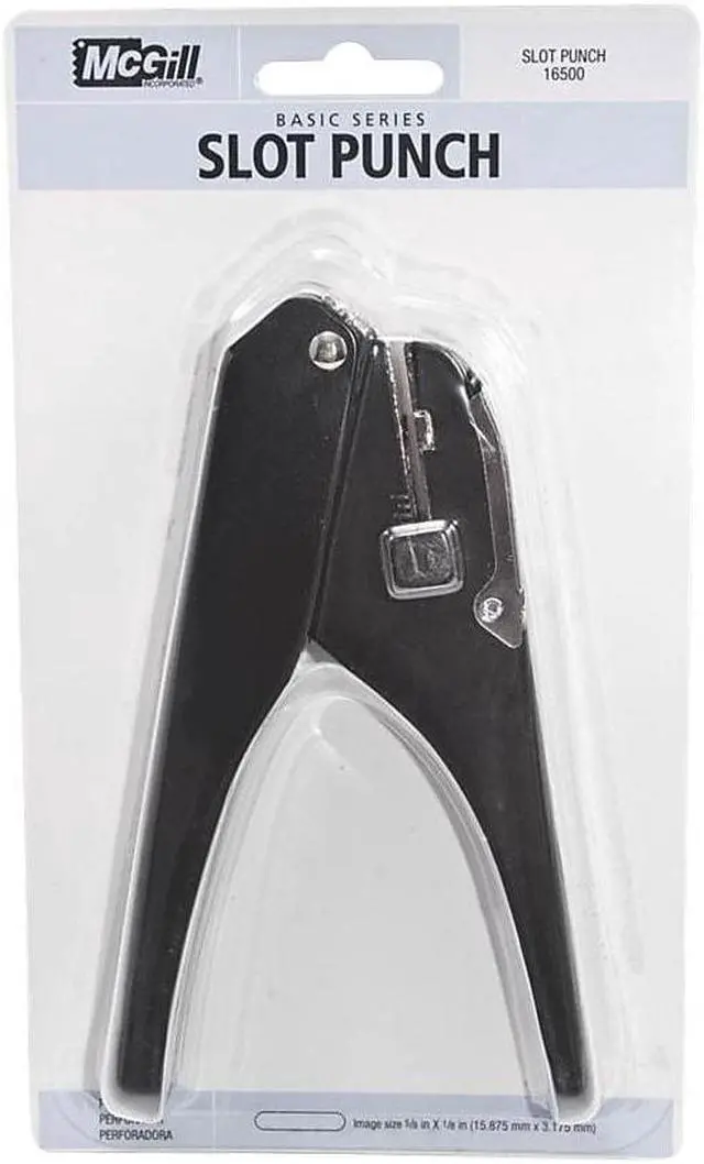 Alt view image 3 of 4 - McGill Handheld Badge Punch 9/16 x 1/8 Horizontal Slot 1/8"-5/8" Reach Black/Chrome MCG16500