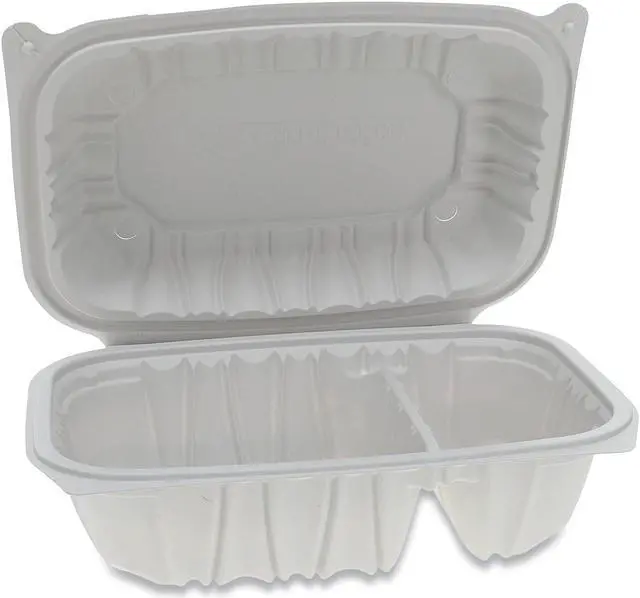 Alt view image 2 of 2 - Pactiv Corporation Pactiv Evergreen Vented Microwavable Hinged-Lid Takeout Container 2-Compartment 9 x 6 x 3.1 White 170/Carton YCNW02052