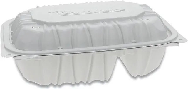 Main image of Pactiv Corporation Pactiv Evergreen Vented Microwavable Hinged-Lid Takeout Container 2-Compartment 9 x 6 x 3.1 White 170/Carton YCNW02052