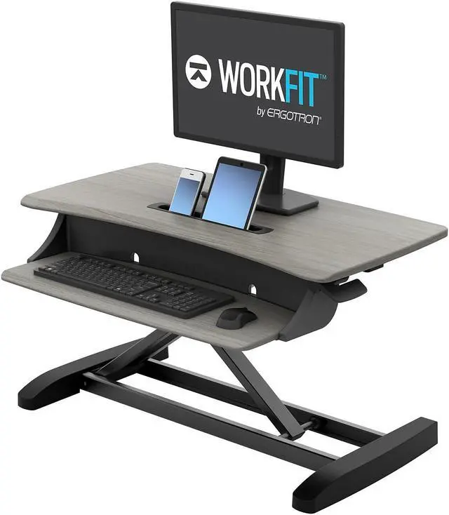 Alt view image 2 of 10 - Ergotron WorkFit-Z Mini Adjustable Standing Desk Converter Gray Woodgrain (33-458-917) 33458917