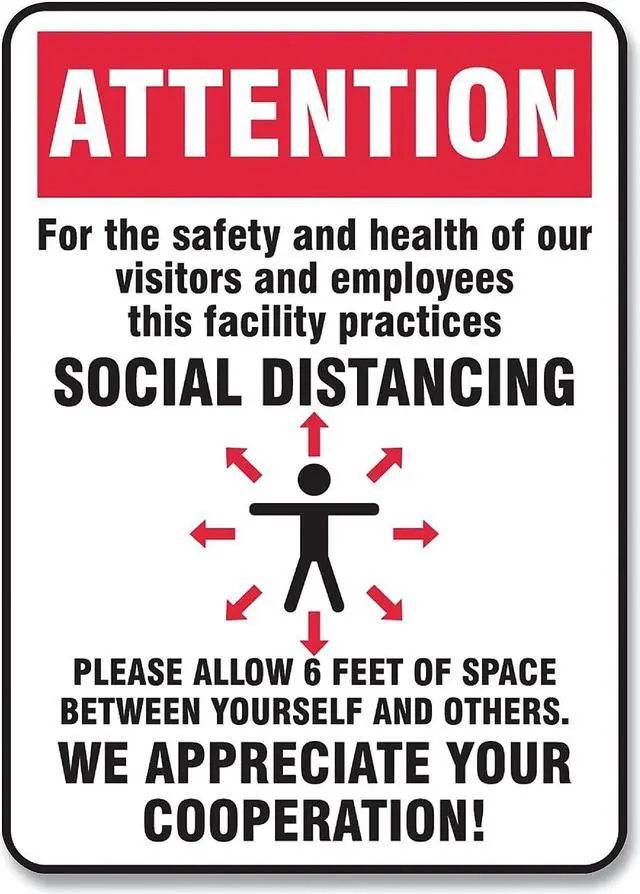 Main image of Alpine Accuform Social Distance Signs Wall 7 x 10 Visitors and Employees Distancing Humans/Arrows Red/White 10/Pack MGNG902VPESP