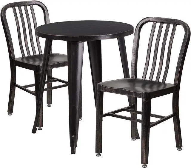 Alt view image 8 of 12 - Flash Furniture Napoleon Indoor-Outdoor 24" Round Table Set with 2 Vertical Slat Back Chairs Black-Antique Gold (CH518TH218VBQ)