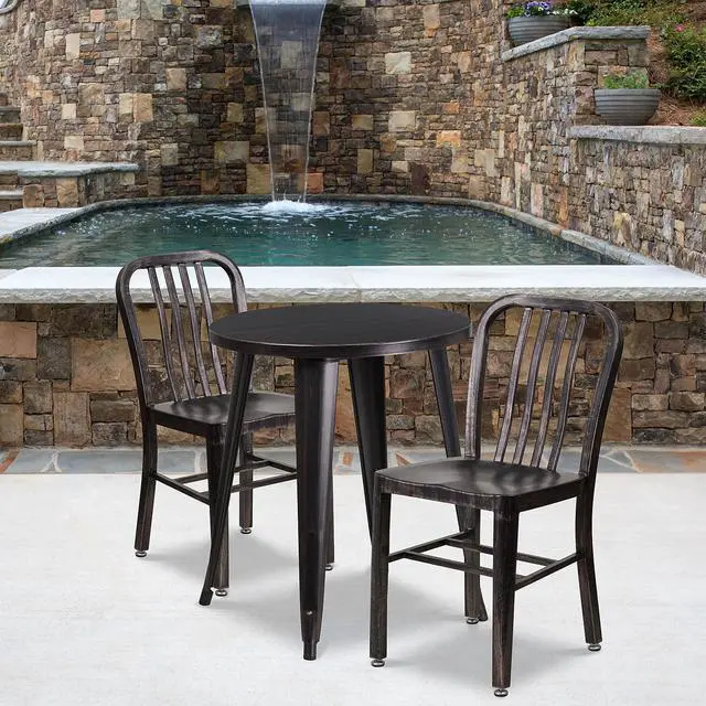 Alt view image 9 of 12 - Flash Furniture Napoleon Indoor-Outdoor 24" Round Table Set with 2 Vertical Slat Back Chairs Black-Antique Gold (CH518TH218VBQ)