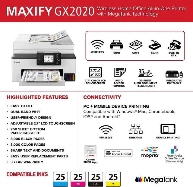 Alt view image 6 of 20 - Canon MAXIFY GX2020 Inkjet Printer Print Scan Copy Fax (6171C002)