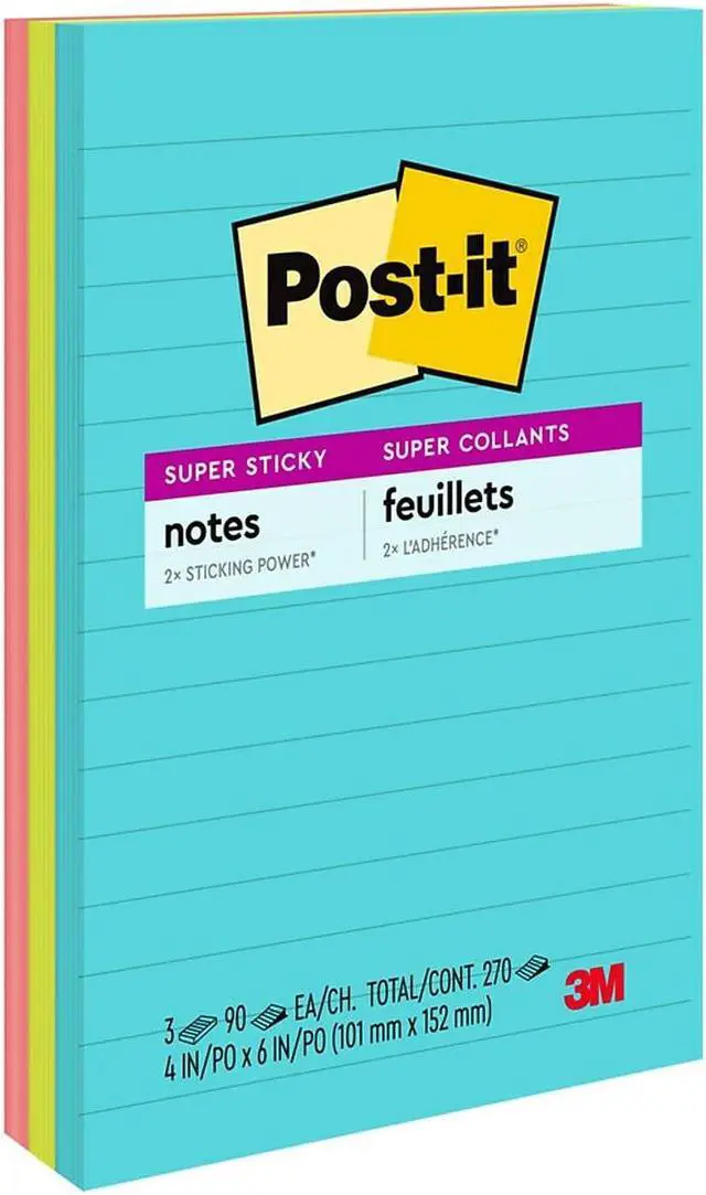 Main image of Post-it Super Sticky Pads in Miami Colors 4 x 6 Miami 90/Pad 3 Pads/Pack 6603SSMIA