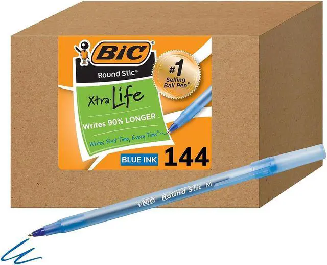 Alt view image 2 of 7 - BIC Round Stic Xtra Life Ballpoint Pen Medium Point Blue Ink 144/Pack (GSM144AZ-BLU)