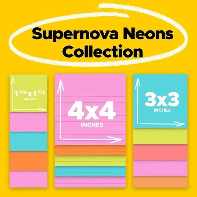 Alt view image 8 of 13 - Post-it Super Sticky Notes, Assorted Sizes, 15 Pads, 2x the Sticking Power, Miami Collection, Neon Colors (Orange, Pink, Blue, Green), Recyclable (4423-15SSMIA)