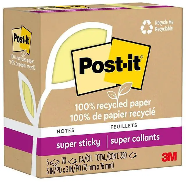 Main image of Post-it Recycled Super Sticky Notes 3" x 3" Canary Collection 70 Sheet/Pad 5 Pads/Pack (654R-5SSCY)