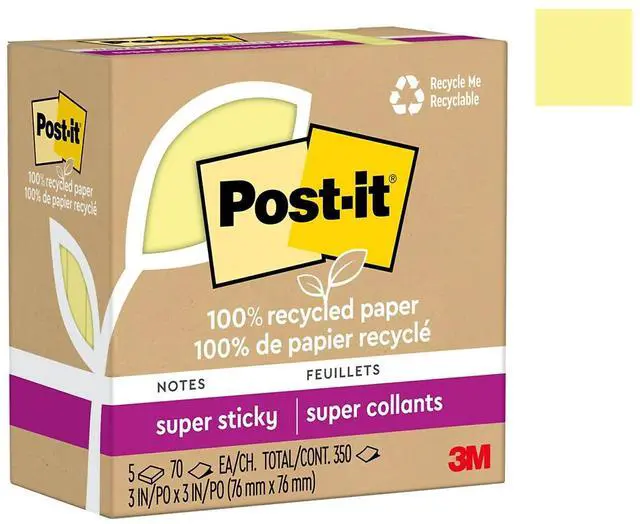 Alt view image 4 of 8 - Post-it Recycled Super Sticky Notes 3" x 3" Canary Collection 70 Sheet/Pad 5 Pads/Pack (654R-5SSCY)
