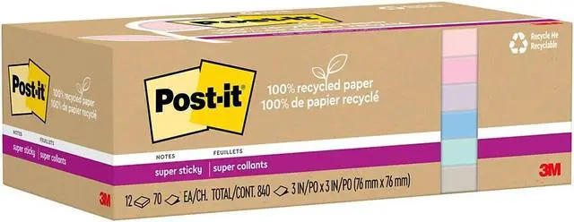 Main image of Post-it Recycled Super Sticky Notes 3" x 3" Wanderlust Pastels Collection 70 Sheet/Pad 12 Pads/Pack (654R-12SSNRP)