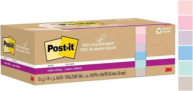 Alt view image 4 of 8 - Post-it Recycled Super Sticky Notes 3" x 3" Wanderlust Pastels Collection 70 Sheet/Pad 12 Pads/Pack (654R-12SSNRP)