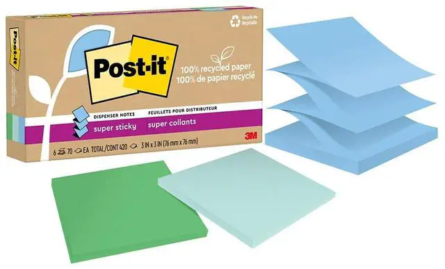 Main image of Post-it Recycled Super Sticky Pop-up Notes 3" x 3" Oasis Collection 70 Sheet/Pad 6 Pads/Pack (R330R-6SST)