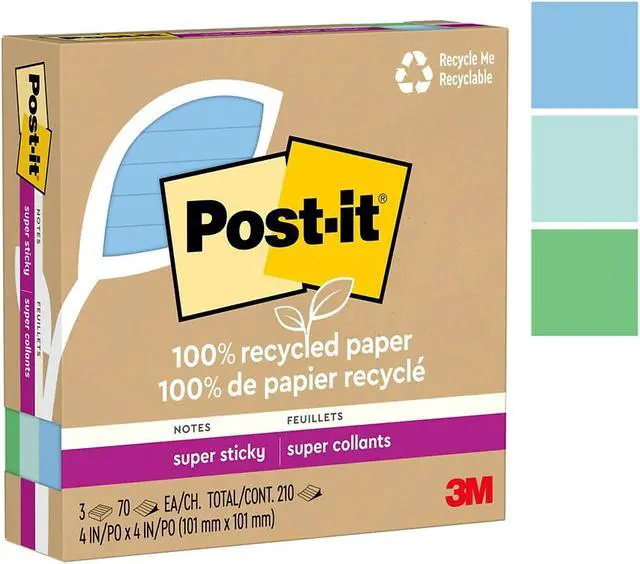 Alt view image 4 of 8 - Post-it Recycled Super Sticky Notes 4" x 4" Oasis Collection Lined 70 Sheet/Pad 3 Pads/Pack (675R-3SST)