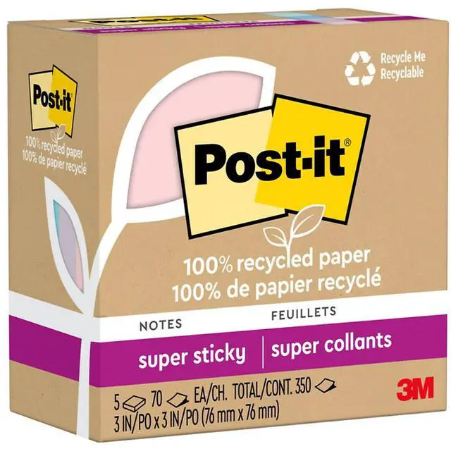 Main image of Post-it Recycled Super Sticky Notes 3" x 3" Wanderlust Pastels Collection 70 Sheet/Pad 5 Pads/Pack (654R-5SSNRP)