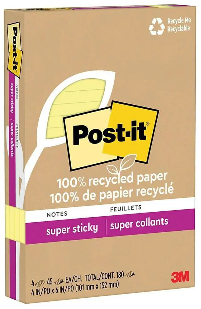 Main image of Post-it Recycled Super Sticky Notes 4" x 6" Canary Collection 45 Sheet/Pad 4 Pads/Pack (4621R-4SSCY)