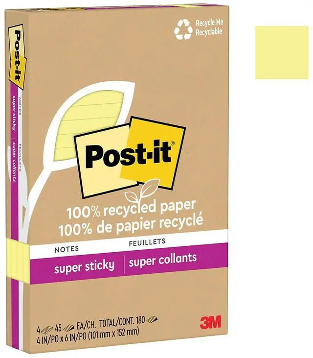Alt view image 3 of 8 - Post-it Recycled Super Sticky Notes 4" x 6" Canary Collection 45 Sheet/Pad 4 Pads/Pack (4621R-4SSCY)