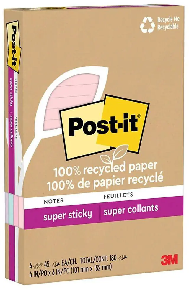 Main image of Post-it Recycled Super Sticky Notes 4" x 6" Wanderlust Pastels Collection 45 Sheet/Pad 4 Pads/Pack (4621R-4SSNRP)
