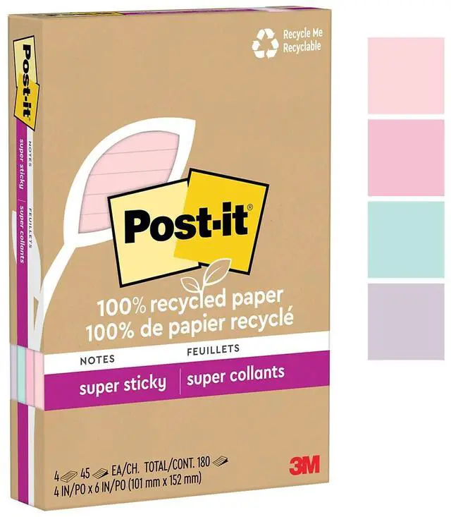 Alt view image 5 of 8 - Post-it Recycled Super Sticky Notes 4" x 6" Wanderlust Pastels Collection 45 Sheet/Pad 4 Pads/Pack (4621R-4SSNRP)