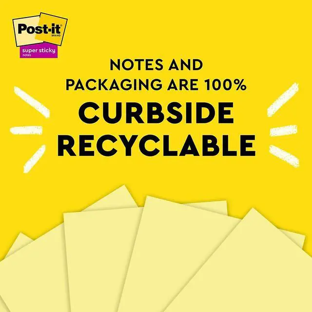 Alt view image 4 of 8 - Post-it 100% Recycled Paper Super Sticky Notes 3" x 3" Canary Yellow 70 Sheets/Pad 24 Pads/Pack (654R-24SSCY-CP)
