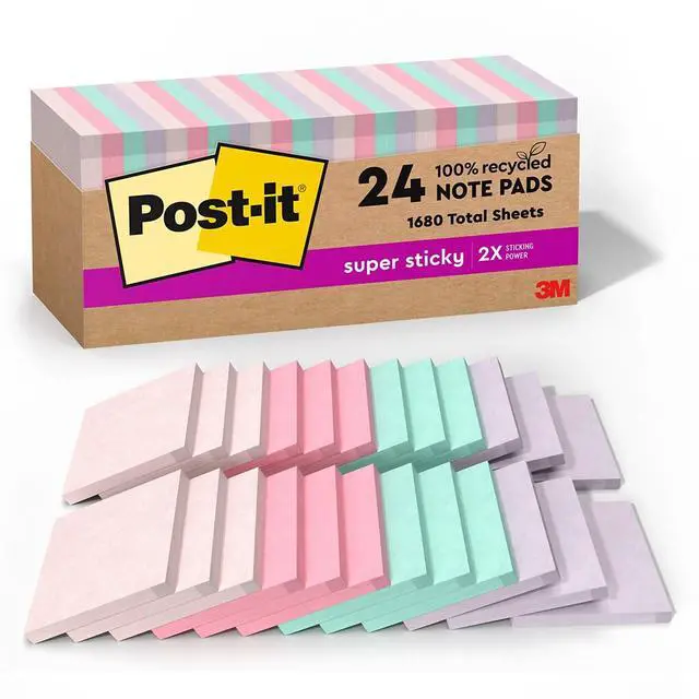 Main image of Post-it Recycled Super Sticky Notes 3" x 3" Wanderlust Pastels Collection 70 Sheet/Pad 24 Pads/Pack (654R-24SSNRPCP)