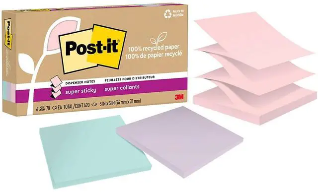 Main image of Post-it Recycled Super Sticky Pop-up Notes 3" x 3" Wanderlust Pastels Collection 70 Sheet/Pad 6 Pads/Pack (R330R-6SSNRP)
