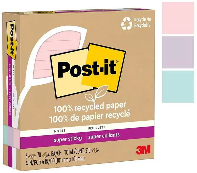 Alt view image 5 of 8 - Post-it Recycled Super Sticky Notes 4" x 4" Wanderlust Pastels Collection Lined 70 Sheet/Pad 3 Pads/Pack (675R-3SSNRP)