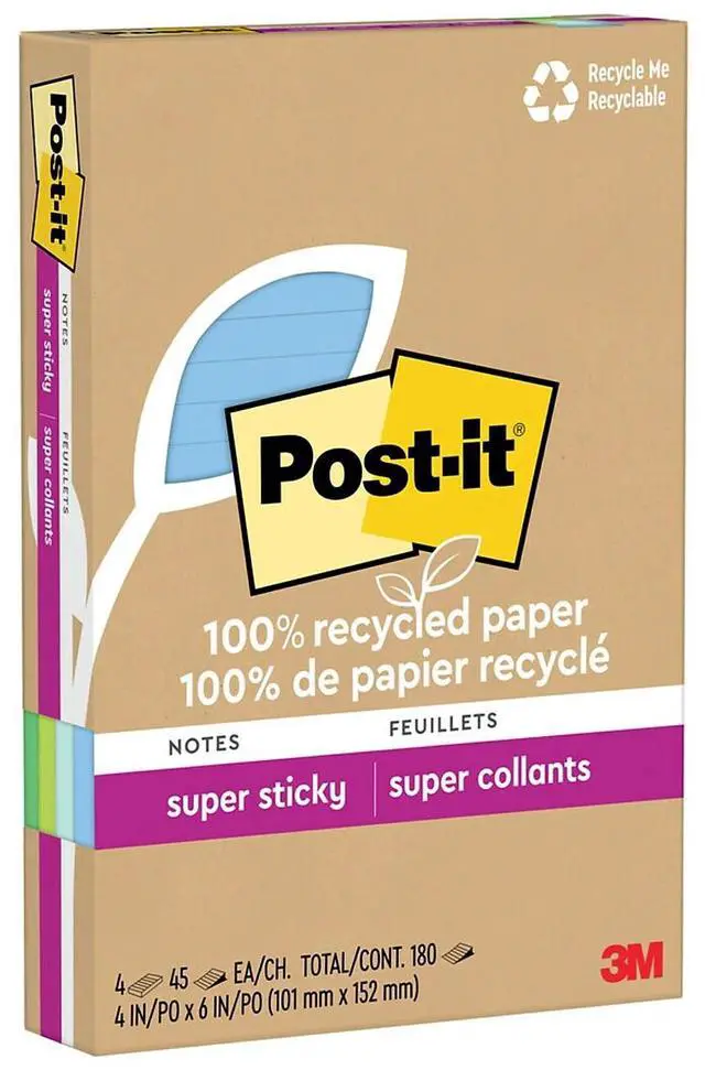 Main image of Post-it Recycled Super Sticky Notes 4" x 6" Oasis Collection 45 Sheet/Pad 4 Pads/Pack (4621R-4SST)